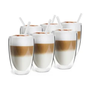 Set Of 6 Double Wall Glasses 350ml With 6 Straws 20cm